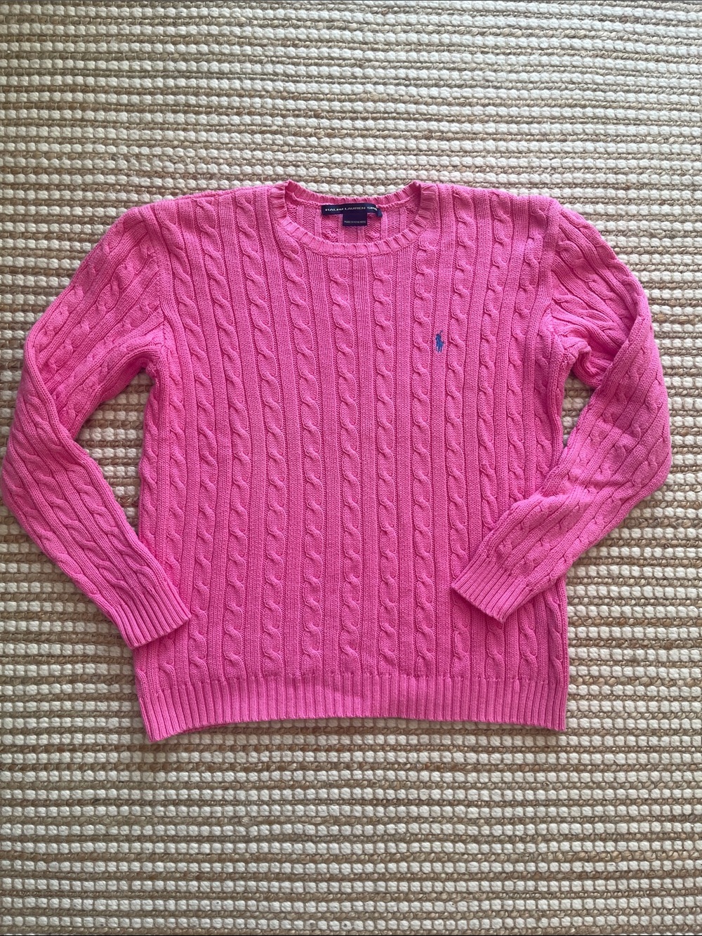 Ralph Lauren Pink Cable-Knit Crewneck Cotton Sweater Large